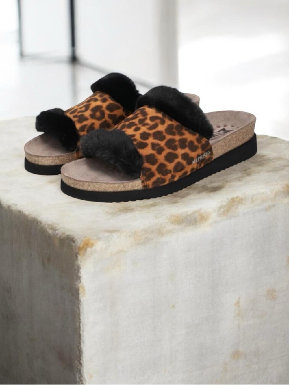 Mephisto Hemeline Leopard Print Brown Faux Fur Slide Sandals